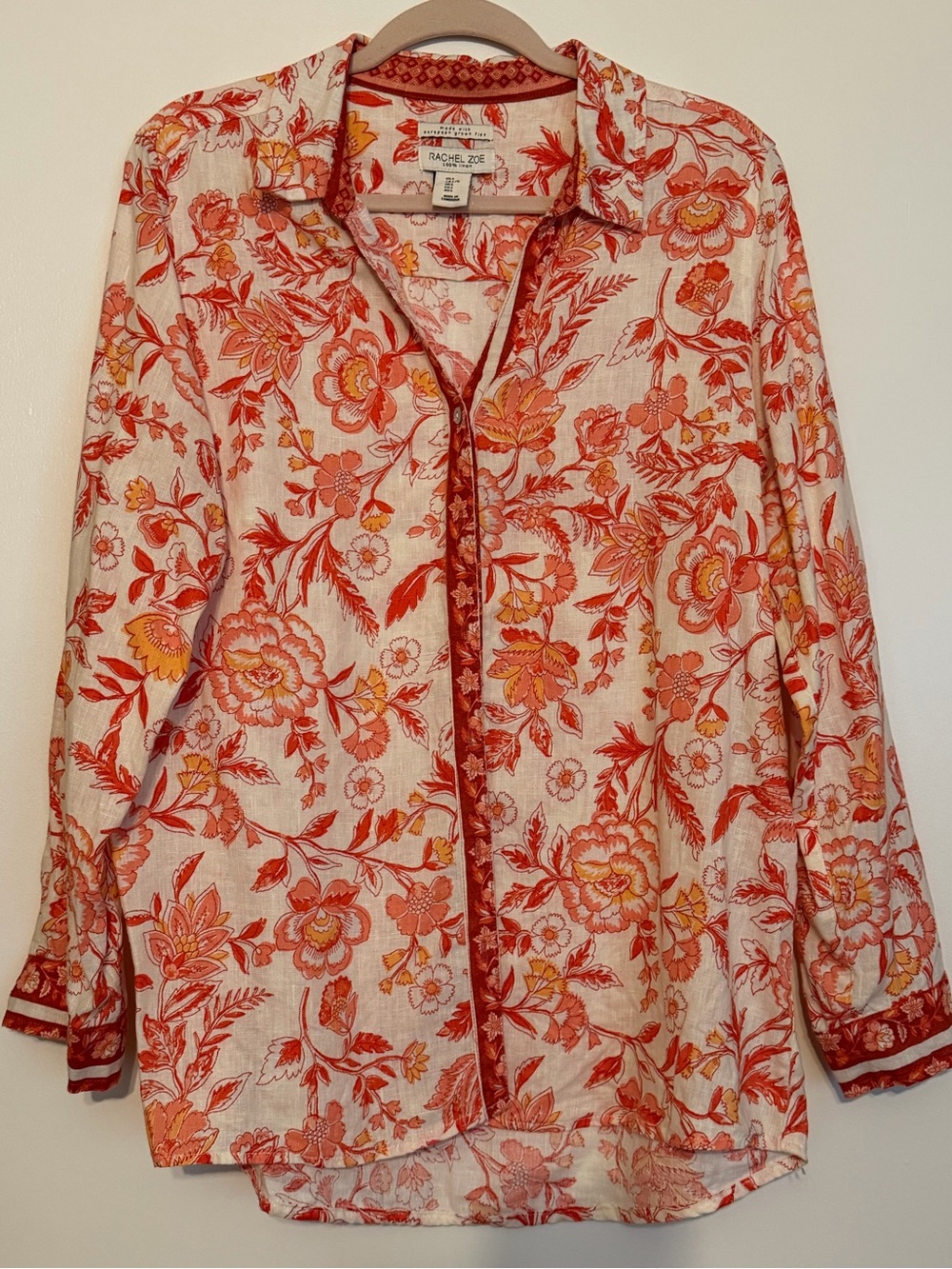 Sz L 100% Flax Linen Rachel Zoe Burnt Orange & Cream Floral Shirt